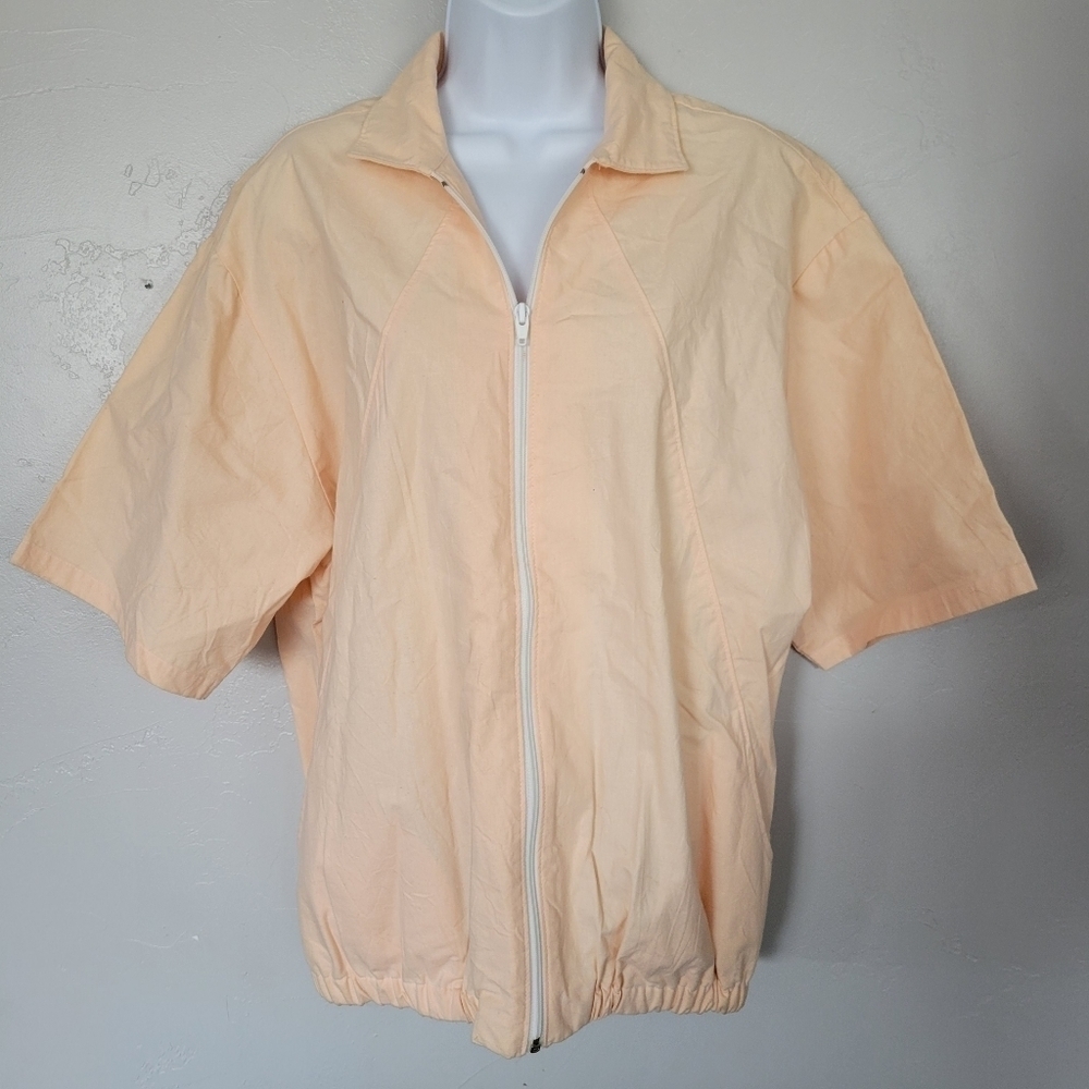 GM Parts Vintage Large Peach Zip Up Shirt Jacket Short Sleeve Utility Oversized